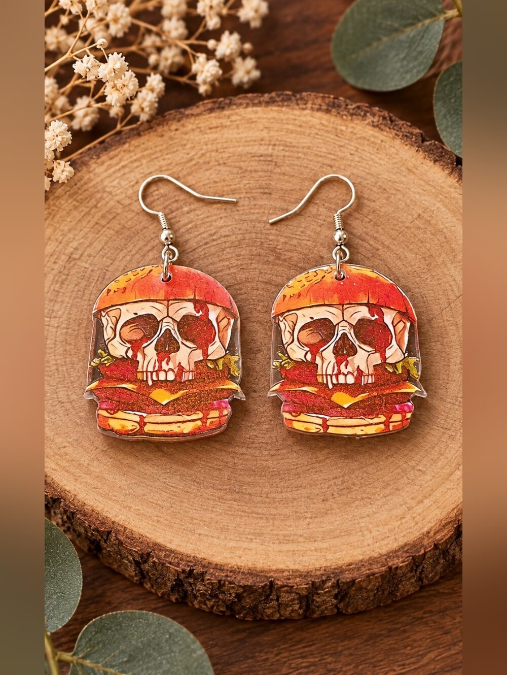 Red Skull Burger Dangle Earrings - Unbranded